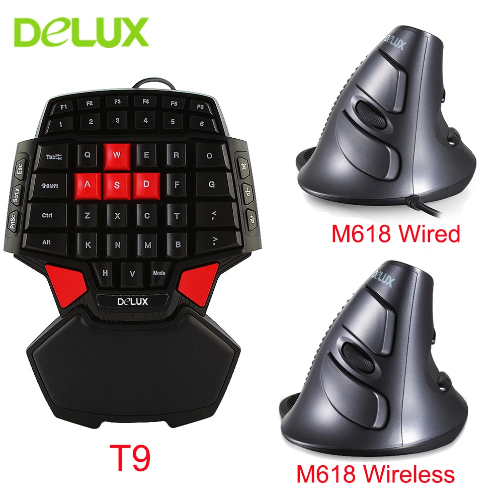 Delux, профессиональная Проводная игровая мышь, комбинированная клавиатура с одной рукой T9, мини-клавиатура M618, эргономичная Вертикальная оптическая мышь, комплекты