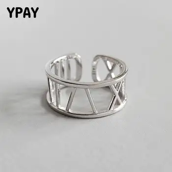 

YPAY 100% 925 Sterling Silver Hollow Out Roman Numerals Adjustable Rings For Women Personality Smooth Wedding Party Ring YMR547