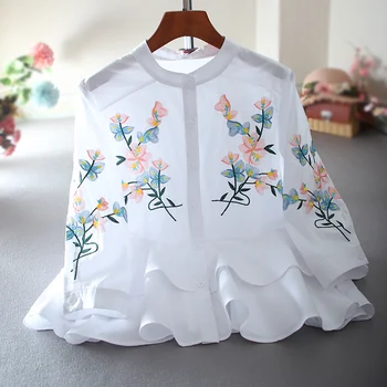 

Loose Ruffled High Waist Cotton Shirt for Women Floral Embroidery Blouse Female Spring Summer Top Blusas Mujer De Moda 2020
