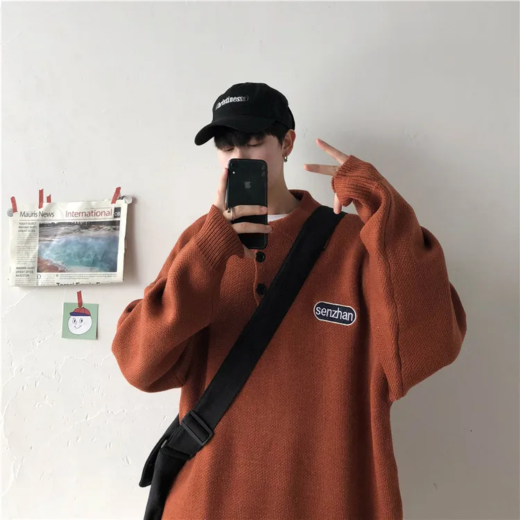 Мужской свитер осень и зима свитер с вышивкой пара свободный свитер с отворотом Молодежная индивидуальность модная мужская одежда
