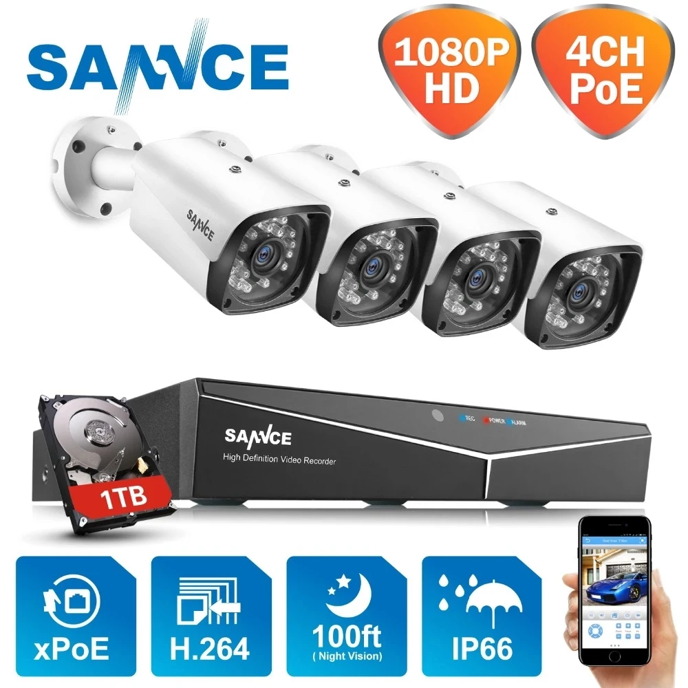 SANNCE 4CH 1080P POE NVR Kit CCTV Security System 2MP IR IP66 Waterproof Outdoor IP Camera Plug&Play Video Surveillance Set
