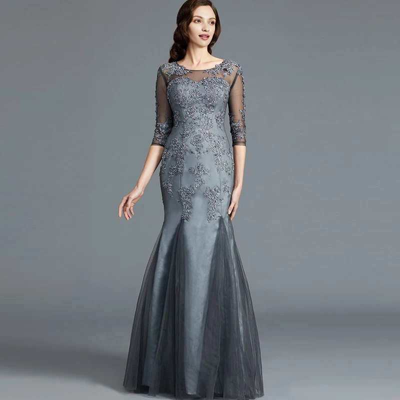 

Elegant Mermaid Gray Lace Applique Jewel Neck Mother of the Bride Dresses With Three Quarter Sleeve Beaded Wedding Guest Dresses