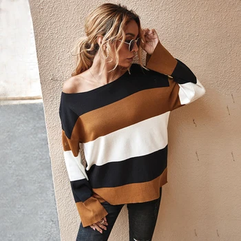 

Fashion woman contrast color knitted sweater Round neck long sleeve pullover Tops Stitching Loose casual clothing autumn winter