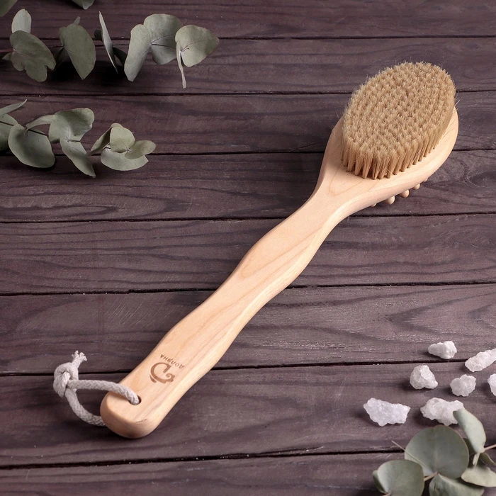 Щётка банная с ручкой и массажёром натуральная щетина|Банные щетки губки