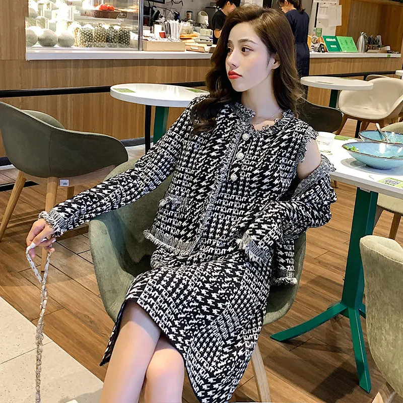 

Women Autumn Winter Knit Pattern Button Sleeveless Dress+Knitted Cardigans Coats 2 Pieces Sets Outfits plus size tweed set 2019