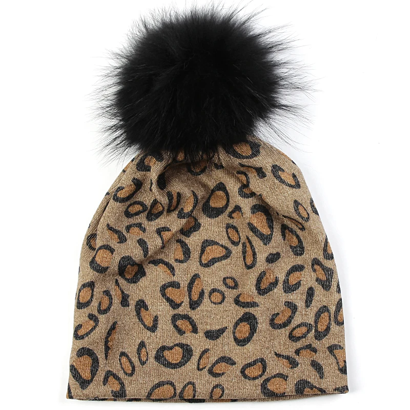 khaki black Geebro, модные женские полосатые женские шапочки, Skullies, повседневный Леопардовый шарф, шапка, Осень-зима, теплые шапки с помпоном из меха енота - Цвет: khaki black