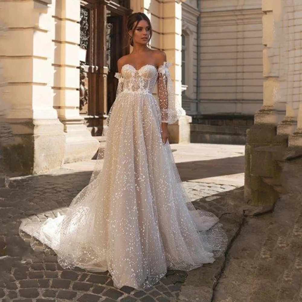 long sleeve wedding dresses 2022 Strapless Wedding Dresses Ivory  Sweep Train Bridal Gowns New Floor Length Fluffy Tulle Off The Shoulder Robe De Mariée lace wedding dress