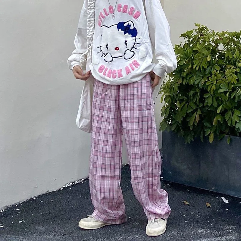 Pantalones rectos a cuadros para mujer, ropa de calle Harajuku japonés, Vintage, suave, con cintura elástica, estilo Hip Hop, pantalón Estudiante Coreano
