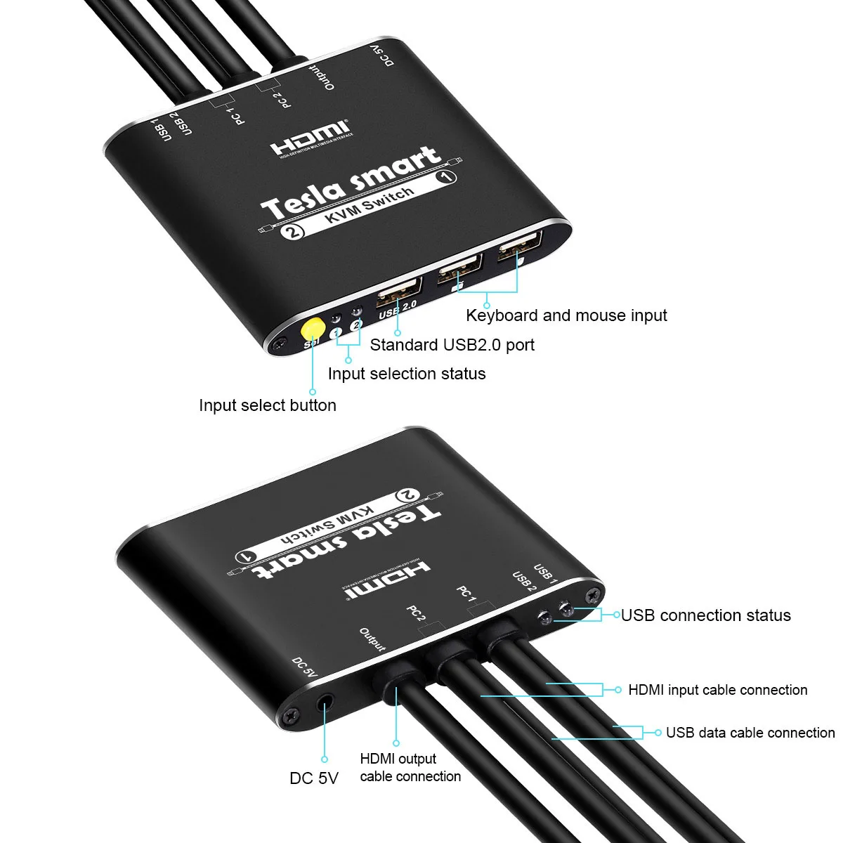 2 порта USB HDMI Кабельный коммутатор KVM 2 порта HDMI коммутатор KVM 2x1 с дополнительной поддержкой порта USB2.0 4K* 2K KVM коммутатор с KVM кабелями