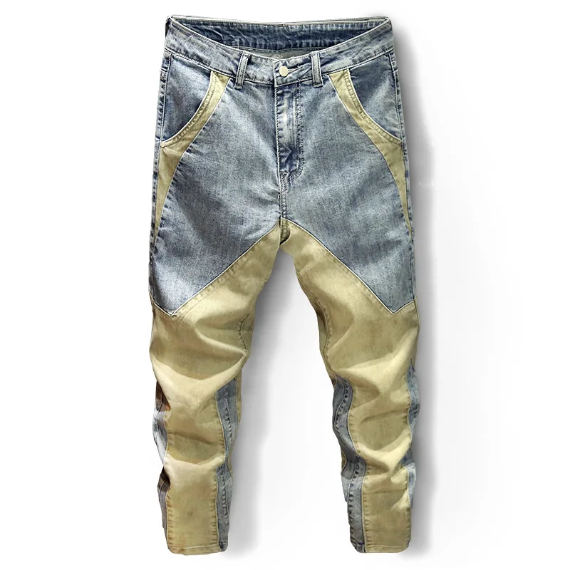 

2020 New Patchwork Jeans Men's Fashion Loose Pencil Pants Korean Style Personalized Blue Denim