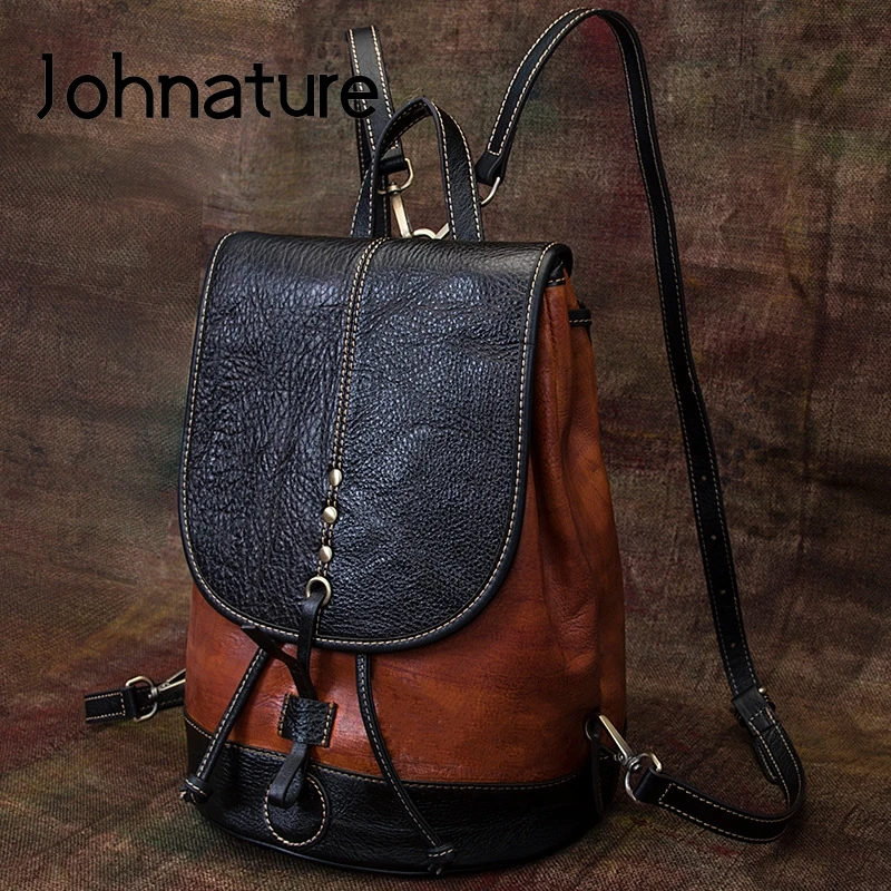Bagpack Women Travel-Bag College-Bags Large-Capacity Genuine-Leather Johnature First-Layer
