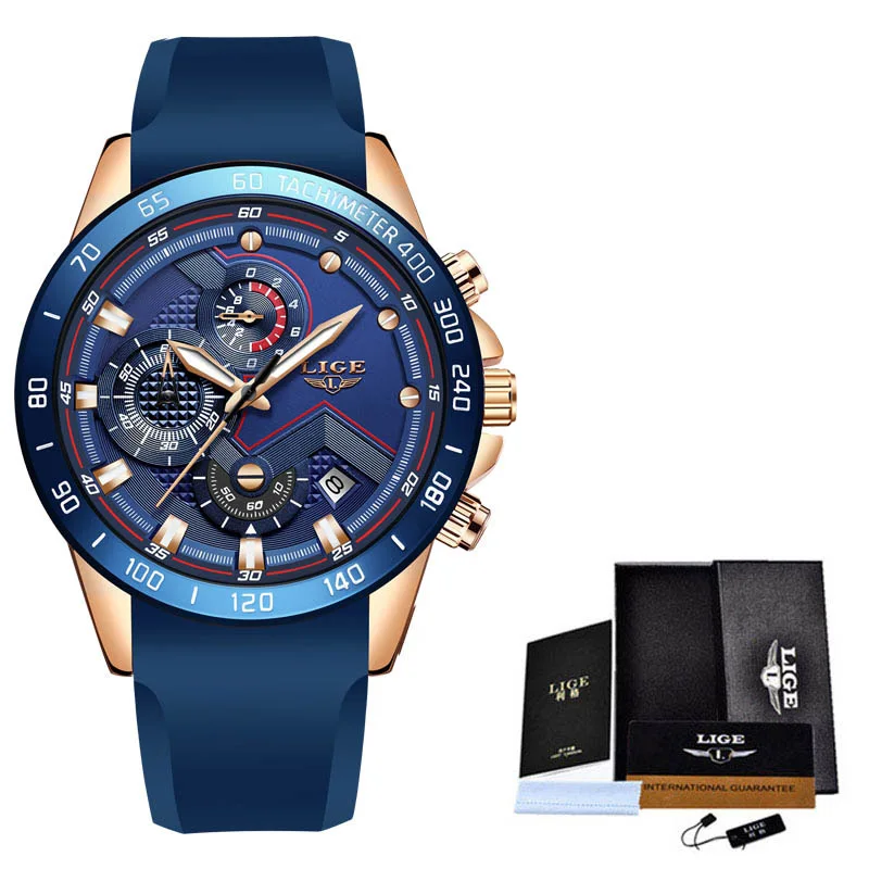 LIGE новые мужские часы s модные синие спортивные часы Топ бренд Роскошные часы мужские водонепроницаемые кварцевые наручные часы Relogio Masculino - Цвет: Rose Gold Blue