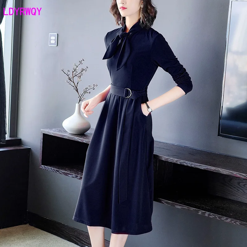

2019 autumn and winter new Korean women's temperament bow long-sleeved lace Slim thin fashion A word dress Solid Regular