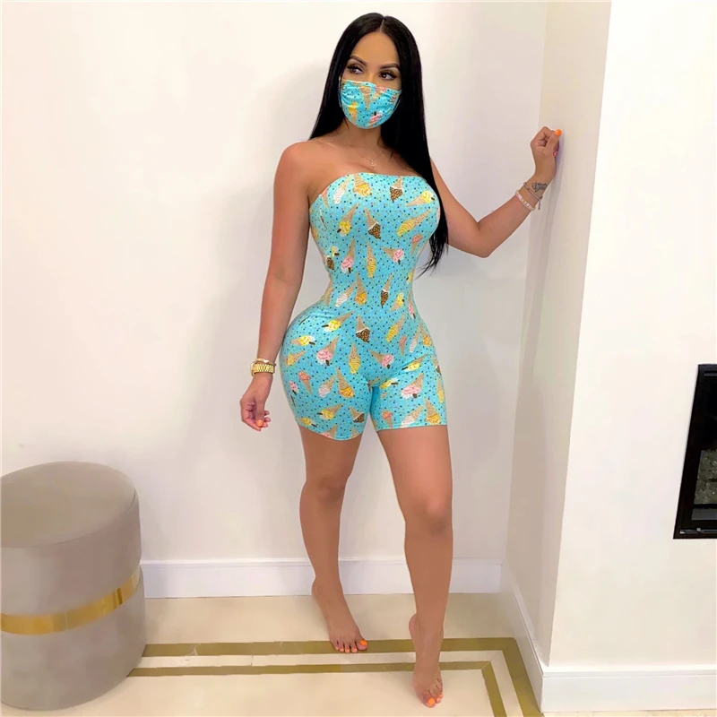 Adogirl Women Jumpsuit Ice Cream Print Strapless Shorts Romper 2020 Summer Casual Overalls Jumpsuit Set