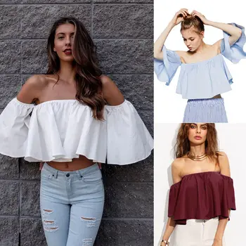 

Summer New Style Fashion Stock Women Flare sleeve Tank tops Off shoulder tee shirt Crop Top Cropped
