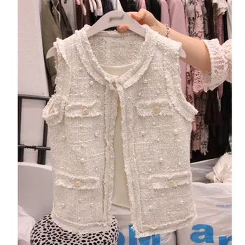 

2019 New Women Autumn Spring Wool Blend Vest Waistcoat Office Wear Jackets Female Pearl Elegant Coats Sleeveless Vest Jackets