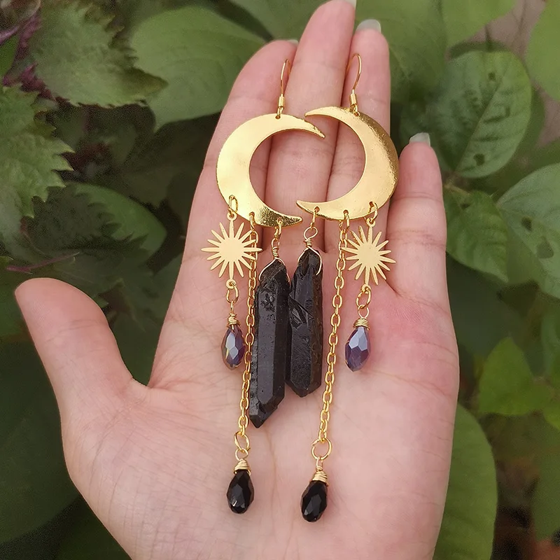 Подвесные серьги Sun Moon с черным кварцем/Золотая Луна // Богемская и хиппи ведьма