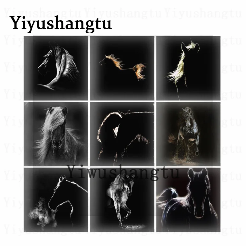 

Cute Black and white color Running Horse 12mm/20mm/25mm/30mm Square photo glass cabochon demo flat back Making findings