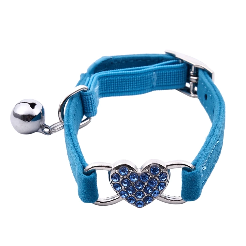 Blue Подвеска в виде сердца и колокольчик ошейник для кошки безопасный эластичный регулируемый с мягким бархатным материалом ошейник продукт для домашних животных маленький S розовый - Цвет: Blue