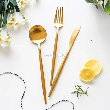 

Simple and Beautiful Stainless Steel Knife and Fork Spoon Golden Steak Knife and Fork Western Tableware Set Soup Spoon
