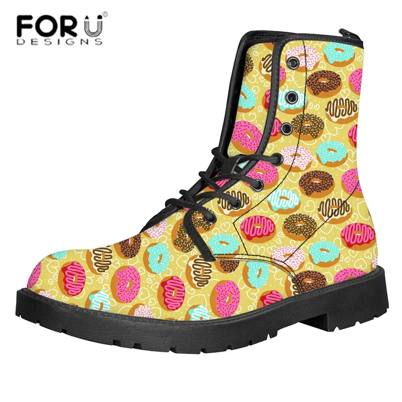

FORUDESIGNS 2019 Ankle Boots for Women Donut Print Food Pattern Waterproof Winter Fashion Boots Outdoor Female PU Flats