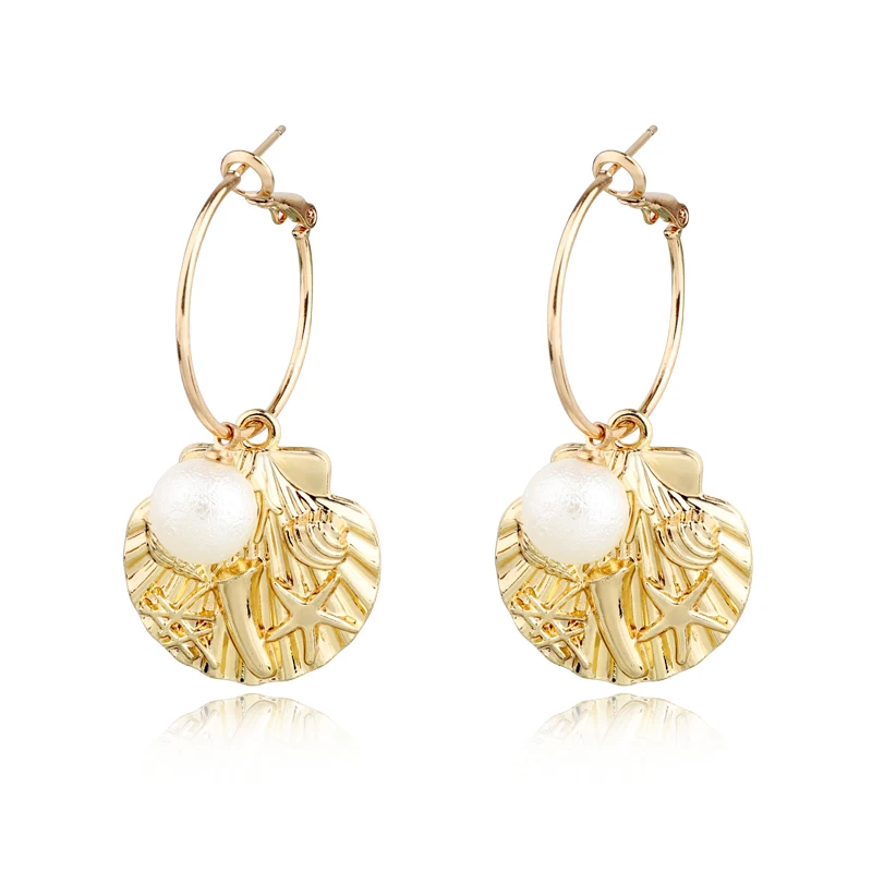

1Pair Bohemian Gold Color Shell Star Hoop Earrings Women Jewelry Unique Cute Star Matte Pearl Star Pendant Circle EarringsE227-1
