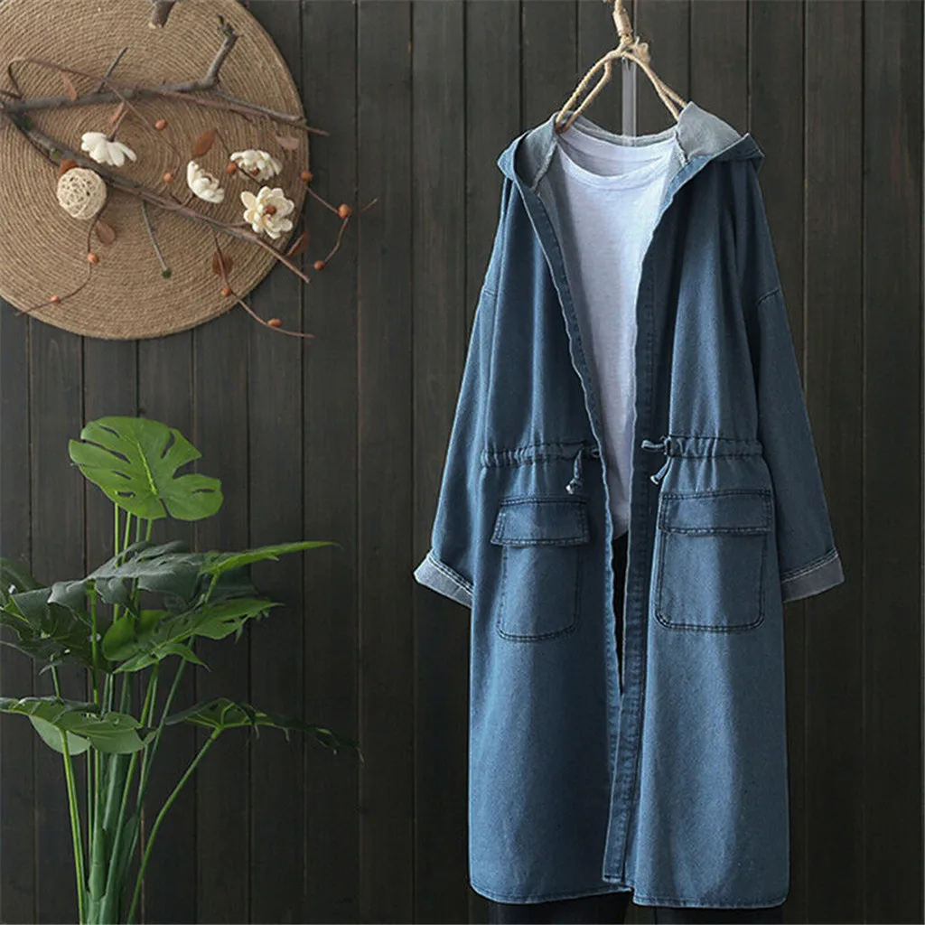 

Plus Size 2019 Spring Fashion Women Casual Solid Hooded Long Sleeve Denim Blue Party Long Cardigan Jackets Outwear Coat