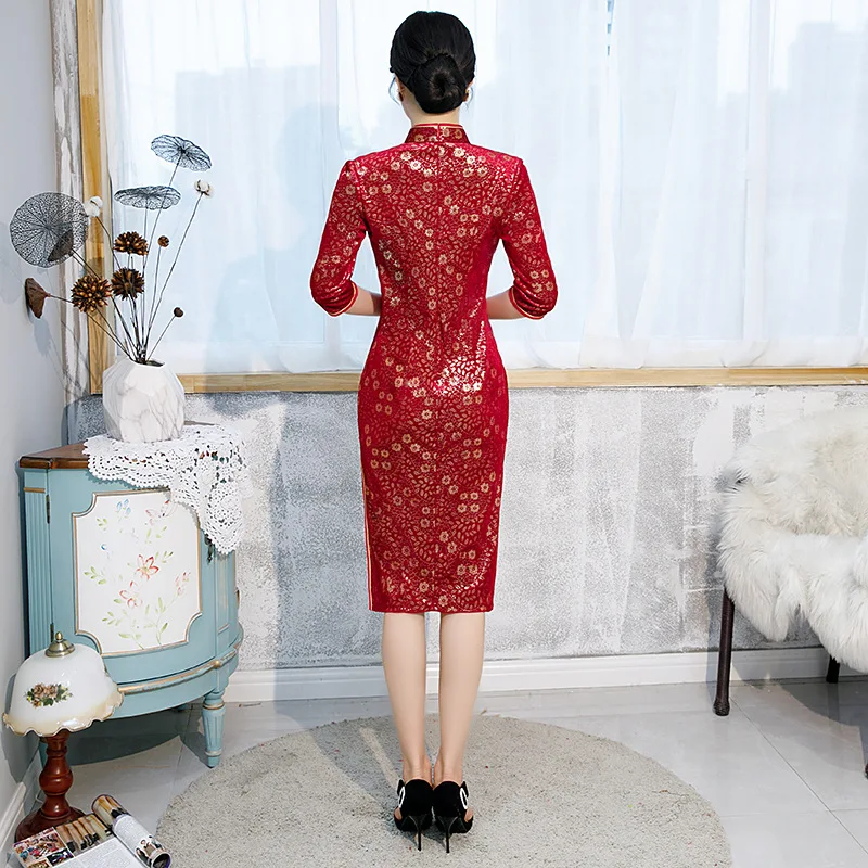 Велюровое традиционное китайское Ципао платье до колена Cheongsam элегантное Qipao Vestidos Размер L-5XL