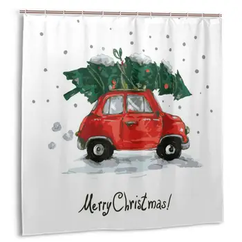 

Christmas Red Retro Style Car Xmas Tree Shower Curtain Polyester Waterproof 12 Hooks Fabric Modern Bathroom Home Decor Set 72x72