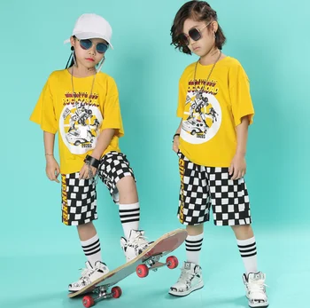 

Fashion Boys Girls Hiphop Summer clothing set Children Dance Stage Costumes Yellow Tshirt Plaid Shorts Jazz Performance Clothes