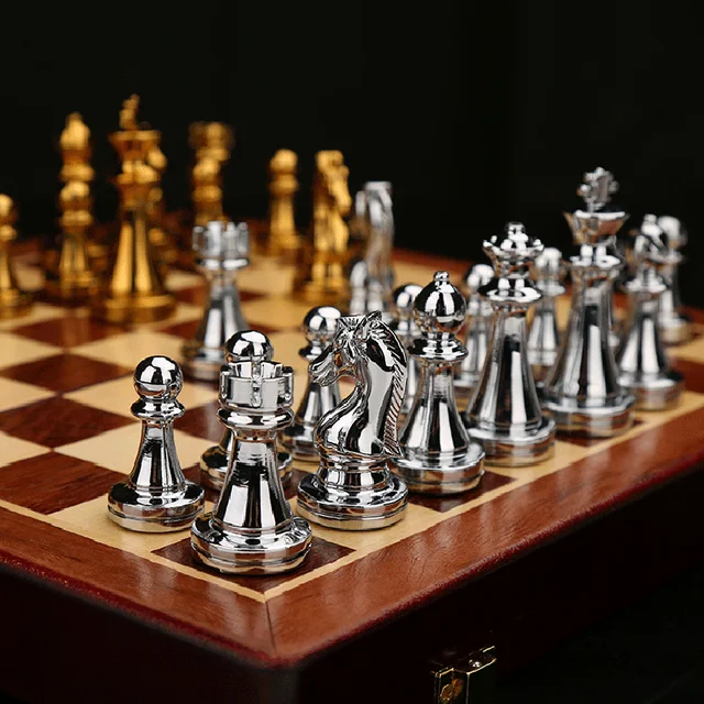 Buy Online Best Quality Professional Chess Pieces International Metal 30*30cm Folding Table Games with Wooden Box Children and Aldult Gift Ornaments.New