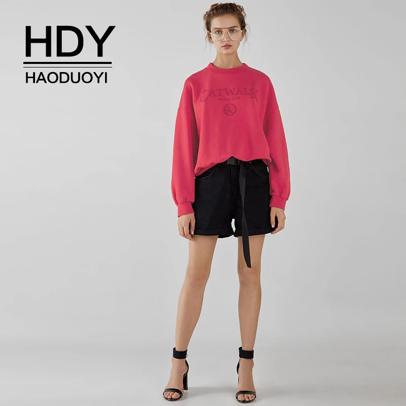 HDY Haoduoyi с вышитыми буквами женские розовые весенние Осенние Топы спортивные женские свободные толстовки с круглым вырезом и длинными рукавами