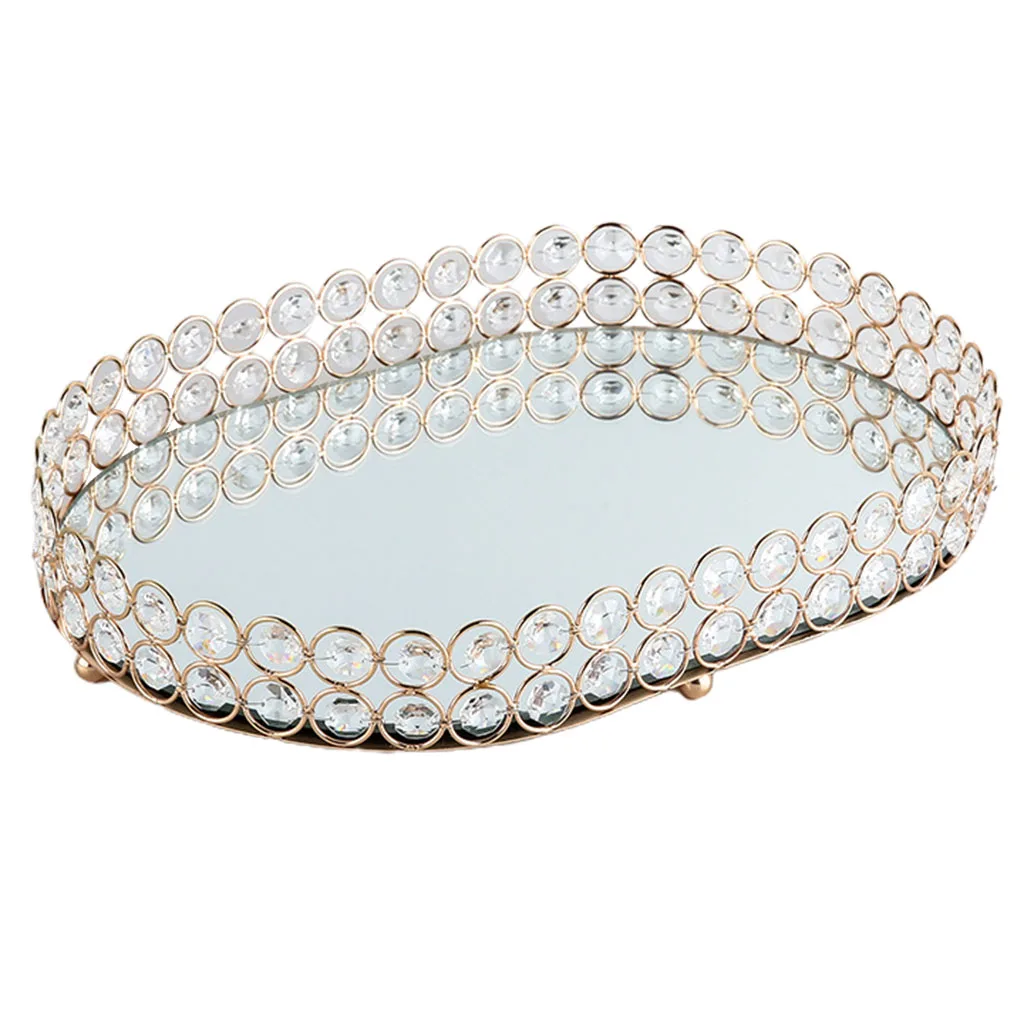 Golden Delicate Jewelry Storage Tray Glass Mirror Base Bedroom Desktop Cosmetic Decorative Organize Plate Tray