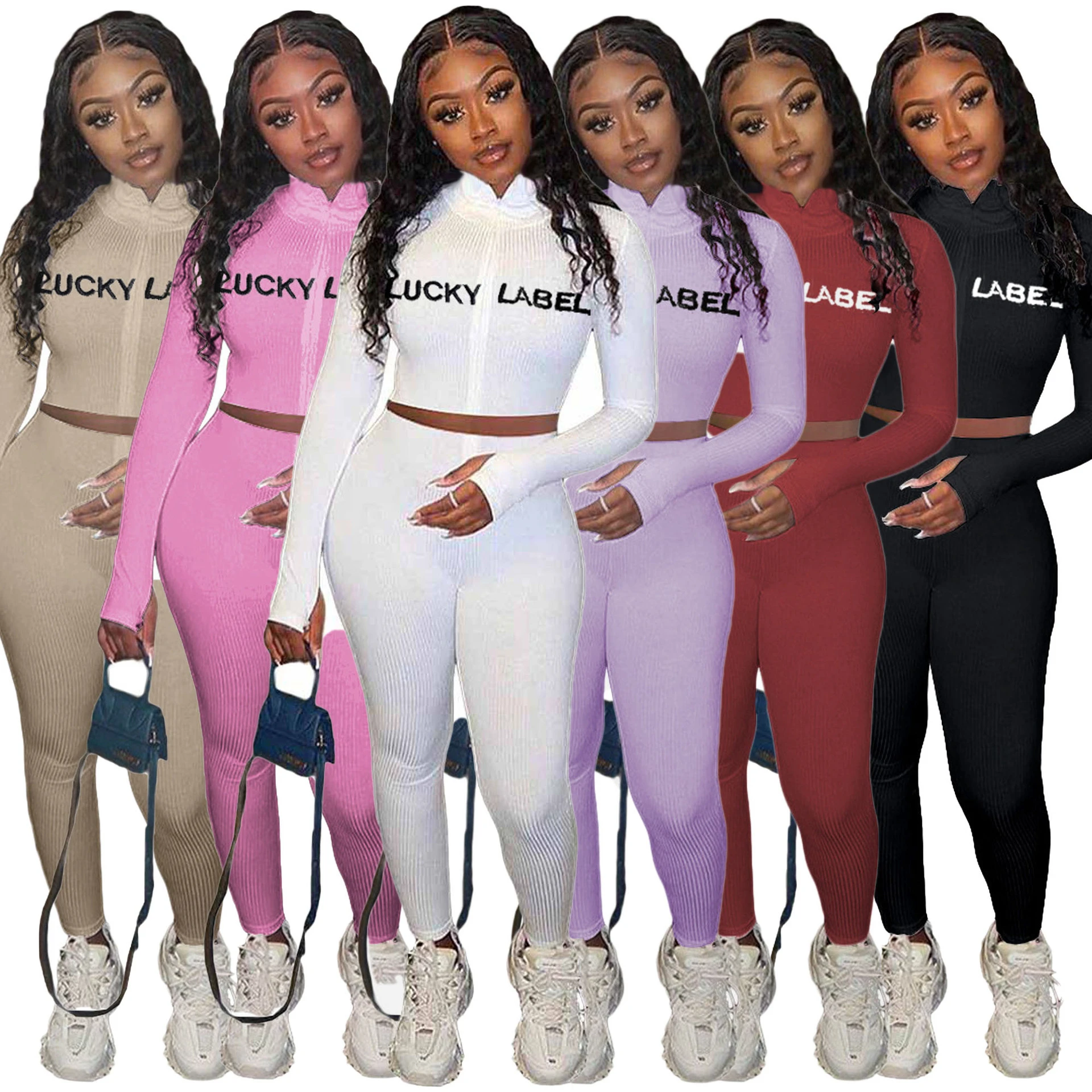 Ropa de cuello alto de color liso para mujer, informal de dos Bordado de letras, entallado, Sexy, monos de gimnasia|Trajes de pantalón| -