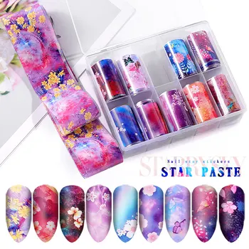 

10Pcs Flowers Nail Foil Sticker Set Holographic Starry Sky Transfer Paper Wraps Charm Nail Art Decal Kit Manicure Decorations