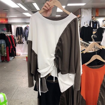 

SuperAen 2020 Spring and Autumn New Irregular Splicing Contrast Color Loose Full Pleated O Neck T Shirt