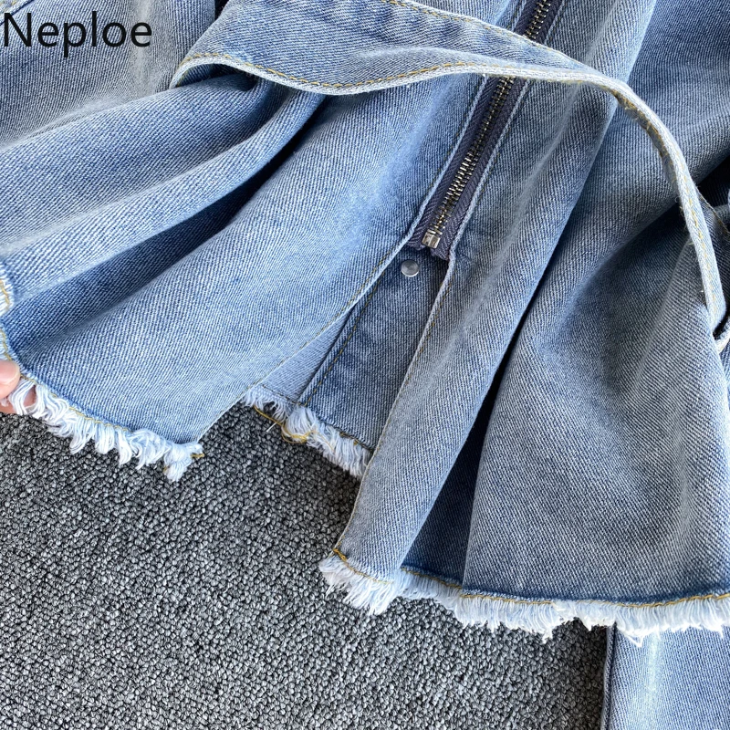 Корейская шикарная тонкая джинсовая куртка Neploe с поясом отложным воротником и
