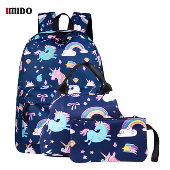 

Womens 3pcs Set Canvas Floral Printing Backpacks Purse for Teenager Girls Unicorn School Bags Royal Blue Pink Big Casual Daypack