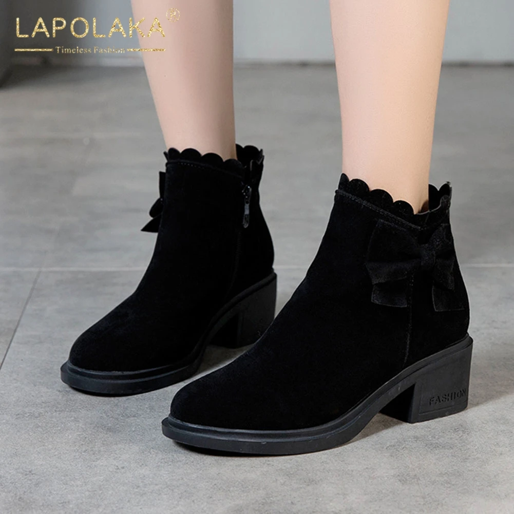 

Lapolaka 2020 Hot Sale Large Size 43 Flock Fabric Zip Up Concise Boots Woman Shoes Sweet Bowtie Ankle Boots Women Shoes