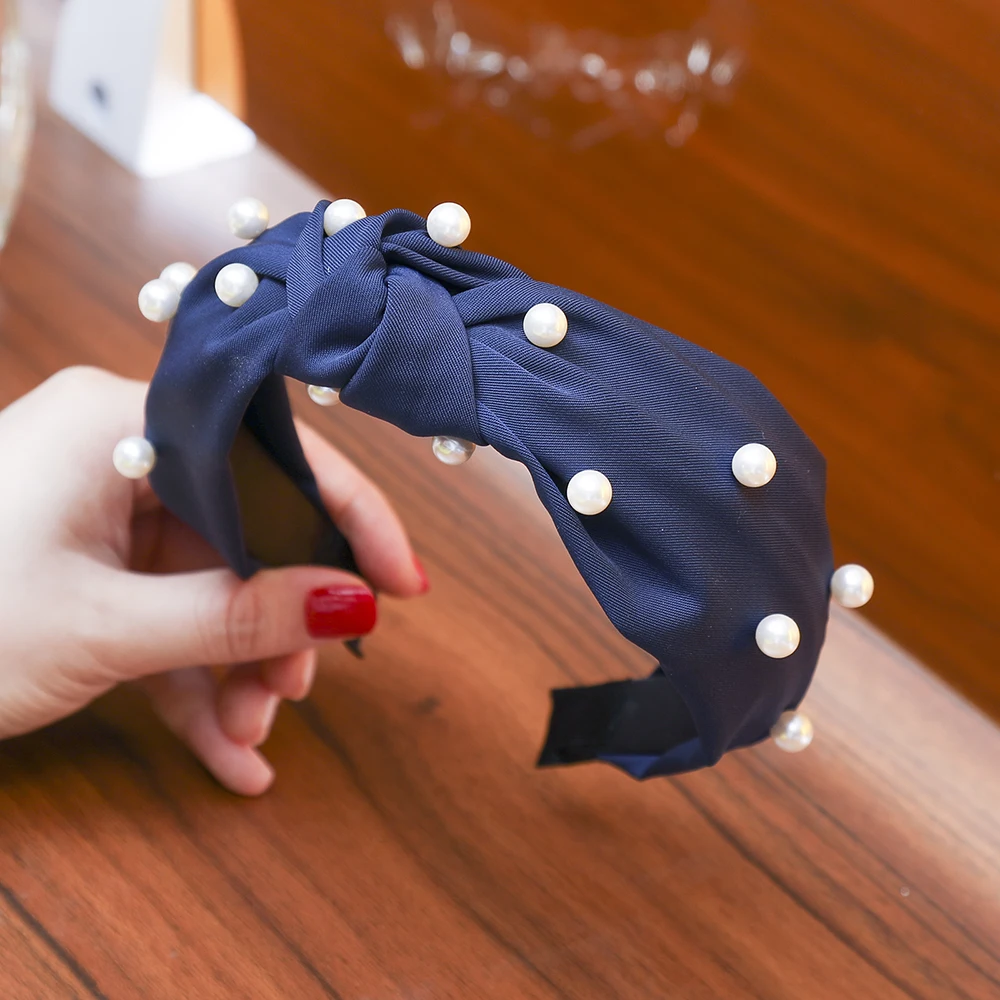Fabric Navy LEVAO повязки для волос в клетку с жемчугом, инкрустированные жемчугом резинки для волос, элегантные широкие обручи для волос, ободок для женщин, аксессуары для волос - Цвет: Fabric Navy