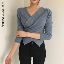 SHENGPALAE Новая мода осень крест v-образным вырезом однобортный Двухсекционный женский длинный рукав индивидуальность Kardigan Повседневная FT806