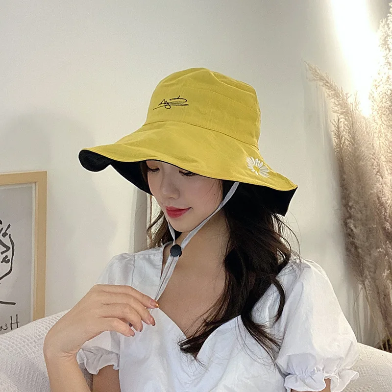 

Sweet Cute Daisies Embroidery Fisherman Bucket Hats Double Sided Sunshade UV Protection Sun Basin Caps Woman Summer Outdoor Hat