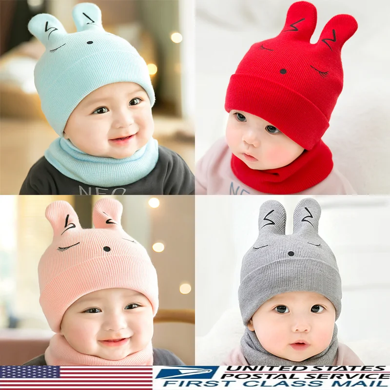 Детские Зимние теплые аксессуары для новорожденных мальчиков и девочек, шапка с объемным рисунком кролика, вязаная шапка с помпоном