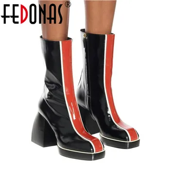 

FEDONAS 2020 Autumn Winter Women Mid-Calf Boots Genuine Leather Platform Thick Heels Pumps Newest Night Club Shoes Woman Heels