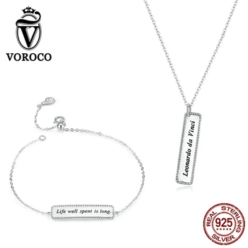 

VOROCO ZBS175 Authentic 925 Sterling Silver Jewelry Set Geometry Square Lettering Suit Women Fine Jewelry Bracelet & Necklace