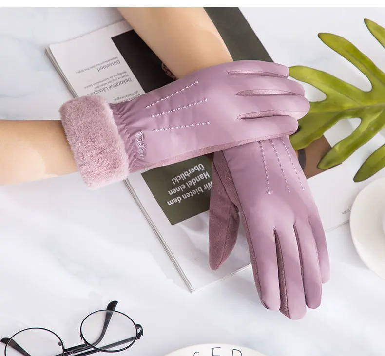 Girls Suede Gloves Cotton Fleece Warm Velvet Mittens Rider Driving Mittens Girl Touch Screen Luva Feminina Lace Flower Gloves