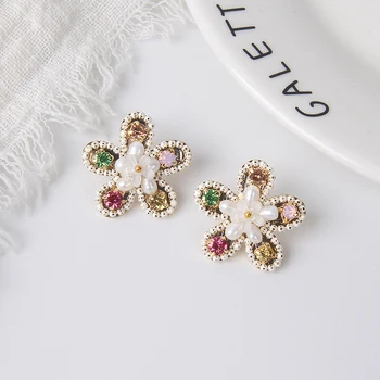 

MWSONYA 2020 NEW Fashion Korean Colorful Flowers Pearls stud Earrings for Women Rhinestone Earrings Party Gifts Accessories