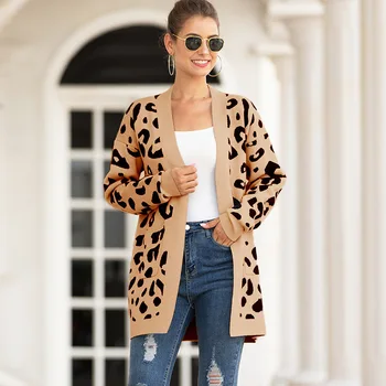 

Leopard Print Cardigan Long Women Christmas Knitted Sweater Cardigans Pockets Slim Autumn Winter Outerwear Knitwear Sueter Mujer