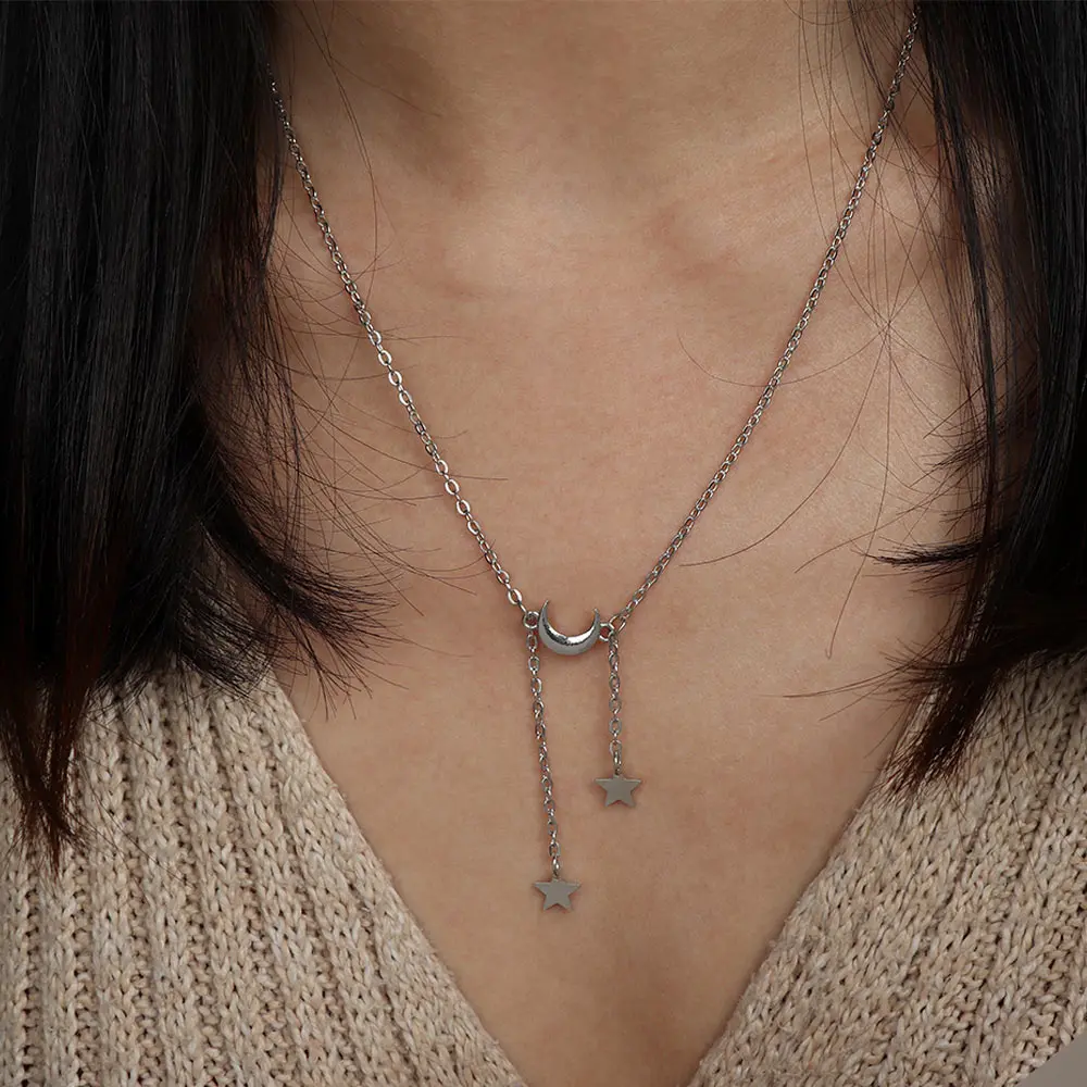 Модный изысканный золотой серебряный луна звезда кисточкой подвесное ожерелье в