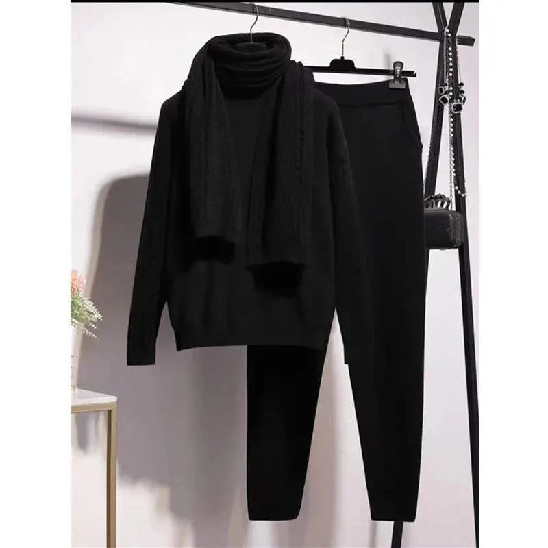 Autumn Winter Women Three-piece Scarf Pants Sets Oversized Women Crop Top Sweaters Cashmere Sport Knitted Plus Size Tracksuits plus size pjs